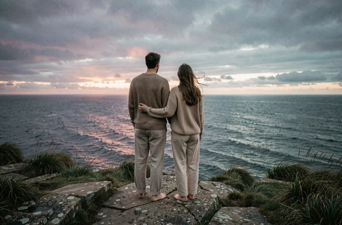 Couple au bord d'une falaise regardant l'horizon, symbolisant le voyage spirituel et l'alignement karmique des flammes jumelles avec le nombre angélique 2222