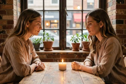 Deux femmes méditant face à face autour d'une flamme de bougie, symbolisant la connexion des flammes jumelles et le chiffre 2222