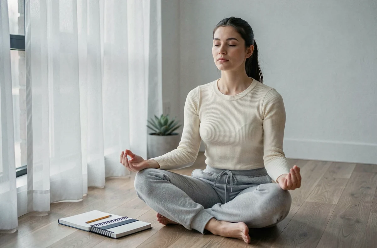 Femme méditant seule près d'une fenêtre dans un appartement minimaliste, représentant l'éveil spirituel et l'introspection liés au signe 2222 et aux flammes jumelles