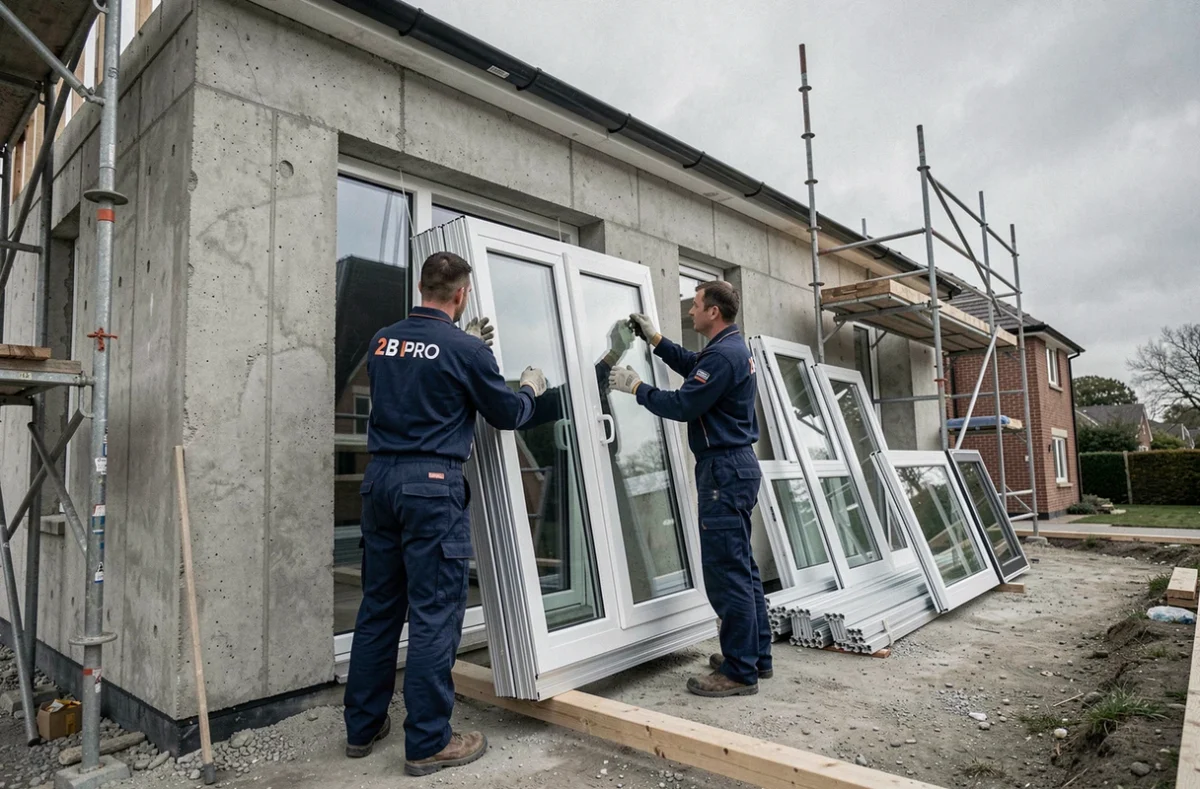 Deux techniciens de 2B PRO posant une fenêtre à double vitrage sur un chantier en Normandie