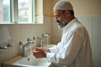 Homme musulman effectuant l'ablution avant la prière dans une mosquée de Toulouse
