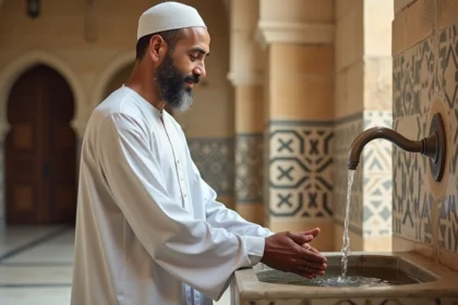 Homme en tenue traditionnelle effectuant ses ablutions dans une mosquée de Marseille avant la prière