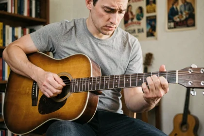 Guitariste jouant l'accord D7 sur une guitare acoustique sunburst, vue rapprochée des doigts sur le manche