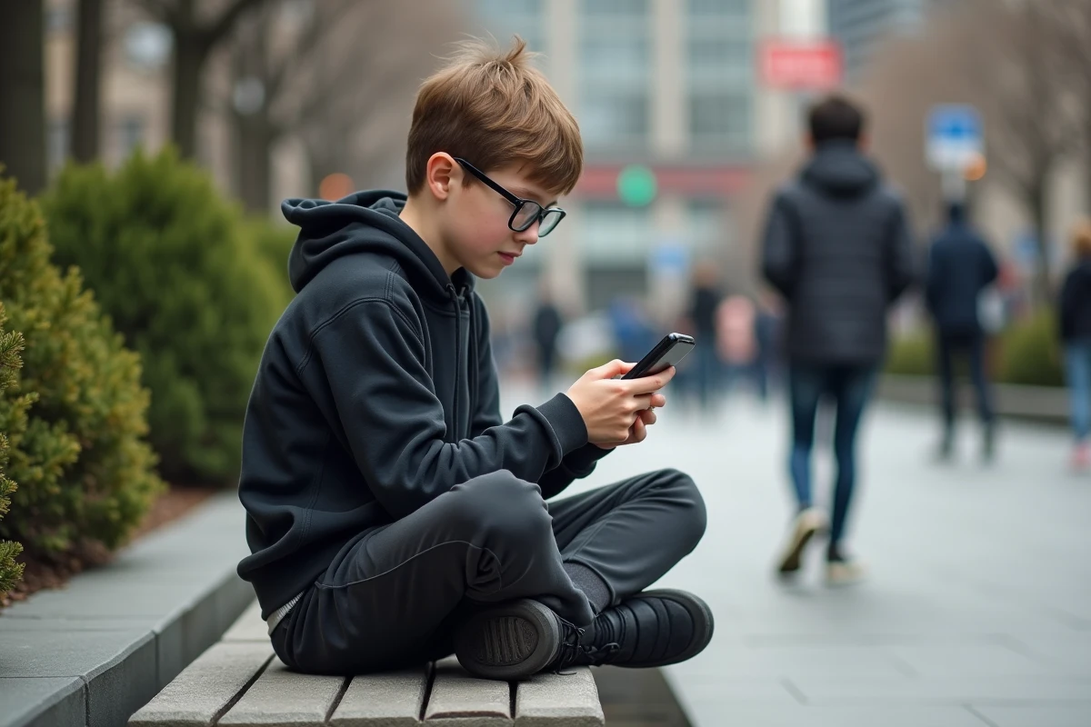 Adolescent concentré jouant à Snake dans un parc urbain