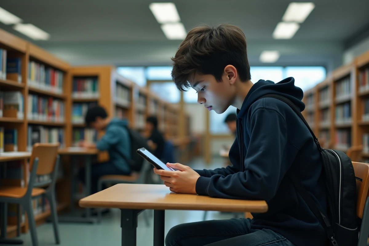 Adolescent lisant un manga sur smartphone dans une bibliothèque scolaire, assis à un bureau en bois avec son sac à dos