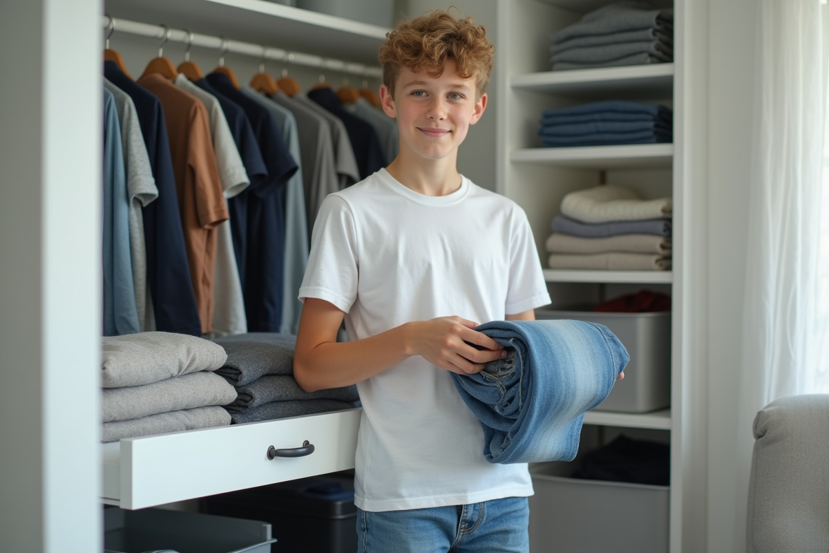Adolescent rangeant des jeans dans un tiroir de placard
