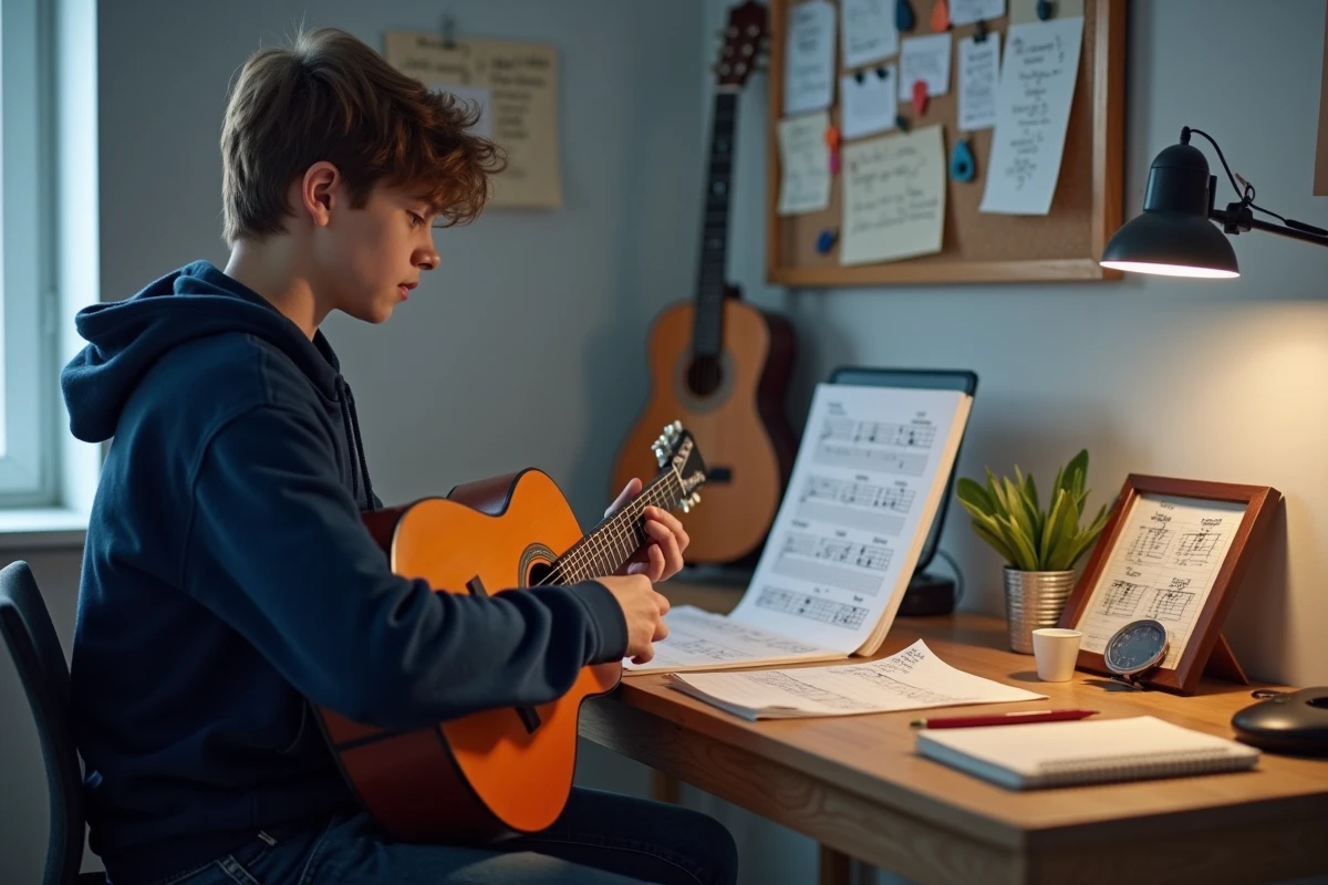 Adolescent débutant en guitare classique étudiant une partition tablature à son bureau dans sa chambre