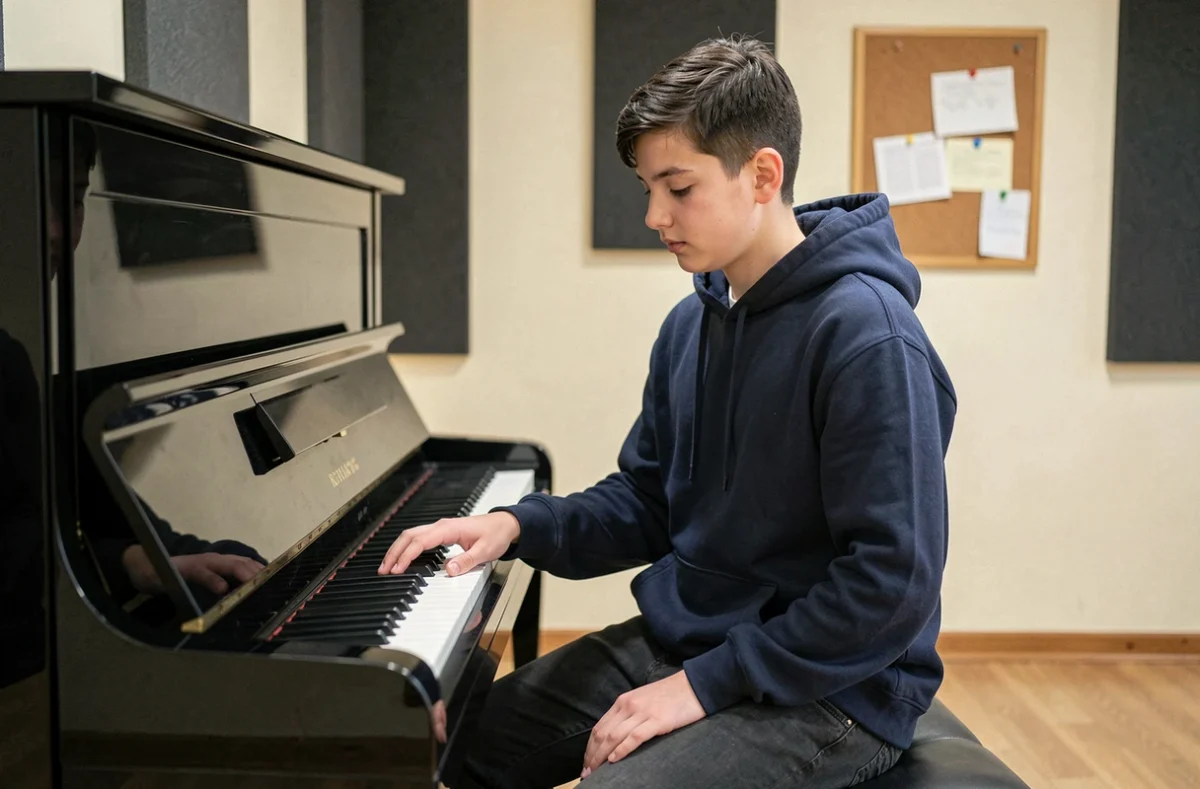 Adolescent jouant la mélodie simplifiée de Let It Be au piano avec la main droite dans une salle de répétition