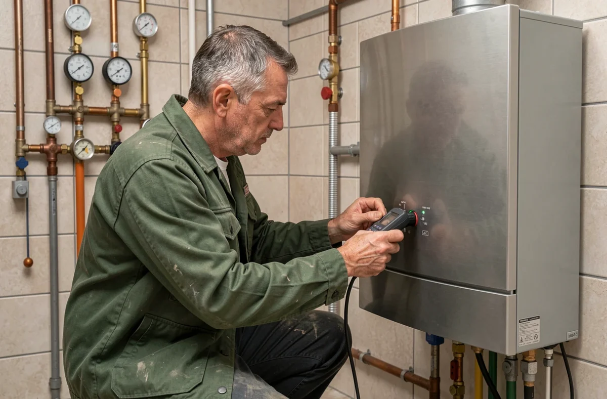 Technicien Alpha 34 Plomberie Chauffage réglant une chaudière murale dans une chaufferie