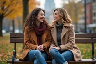 Deux femmes rient sur un banc dans un parc automnal