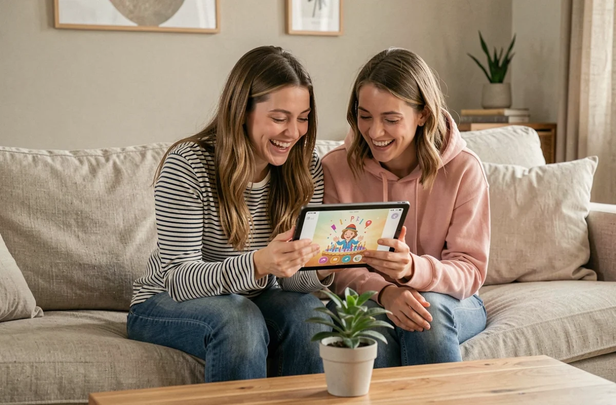 Deux amies riant ensemble sur un canapé en regardant un GIF d'anniversaire animé sur une tablette dans un salon moderne
