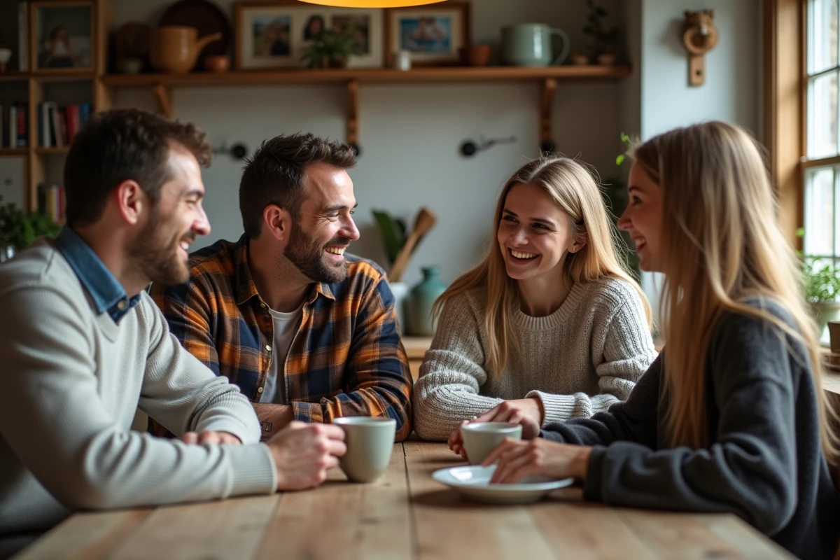 Groupe d amis autour d une table de cuisine chaleureuse