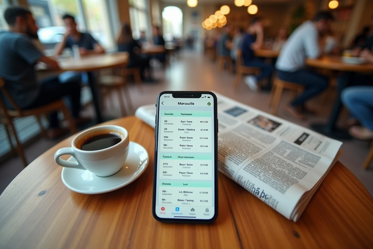 Smartphone affichant les horaires de prière à Marseille 2026 avec ajustement été hiver sur une table de café