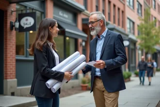 Architecte discutant avec une jeune femme devant un bâtiment rénové