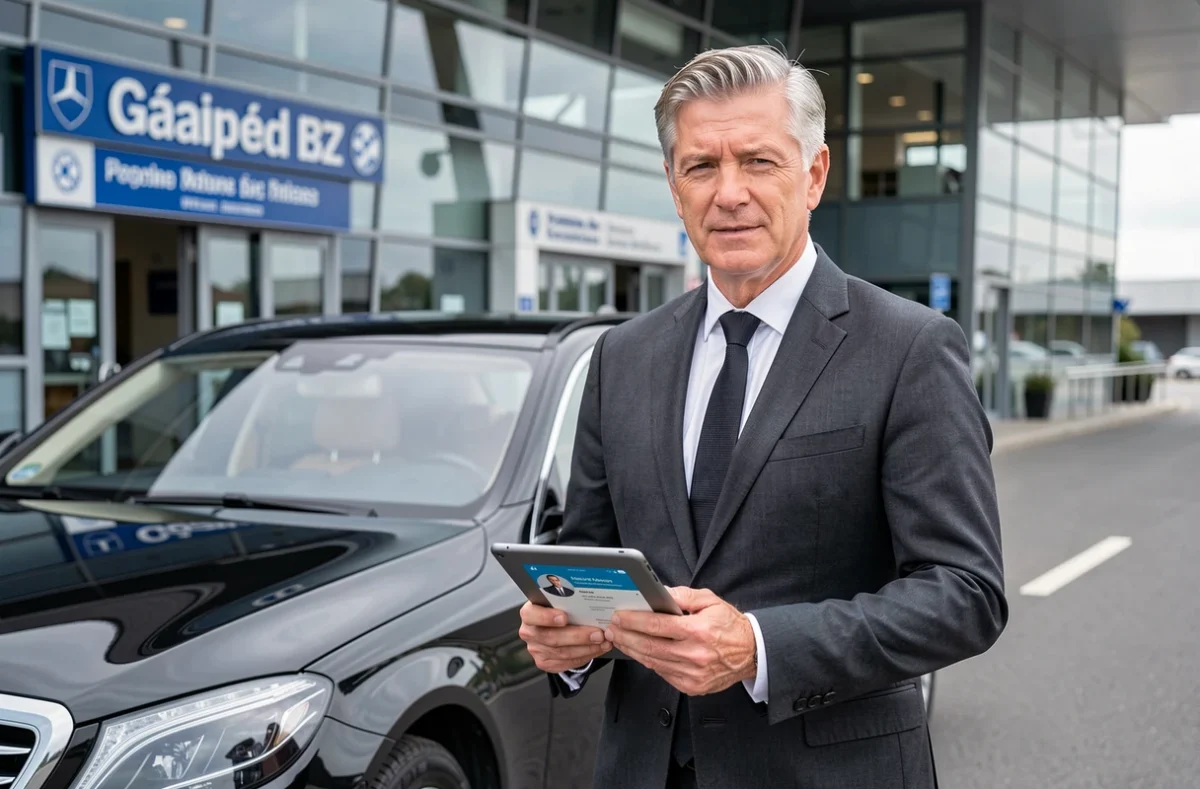AS Transports VIP chauffeur professionnel avec Mercedes Classe S noire devant un terminal aéroport en Bourgogne