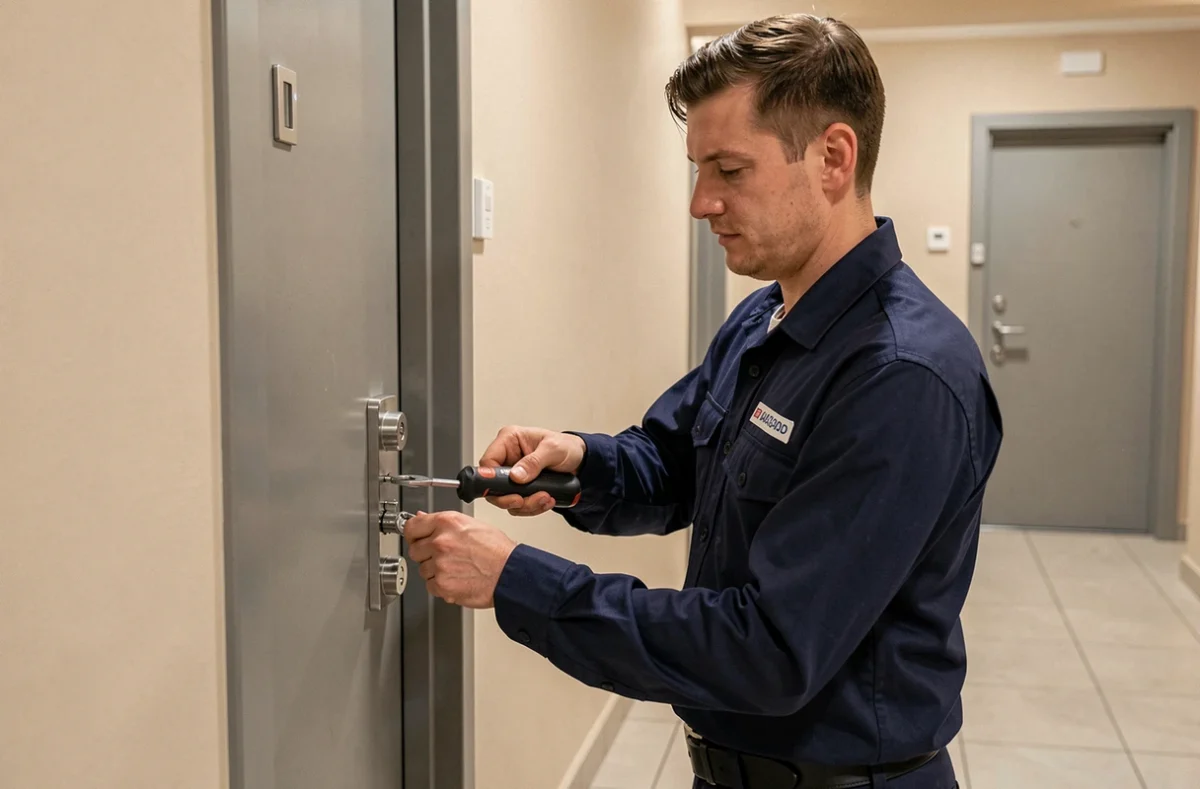 Technicien de la société Assistance Plus en intervention sur une porte d'appartement avec outils professionnels