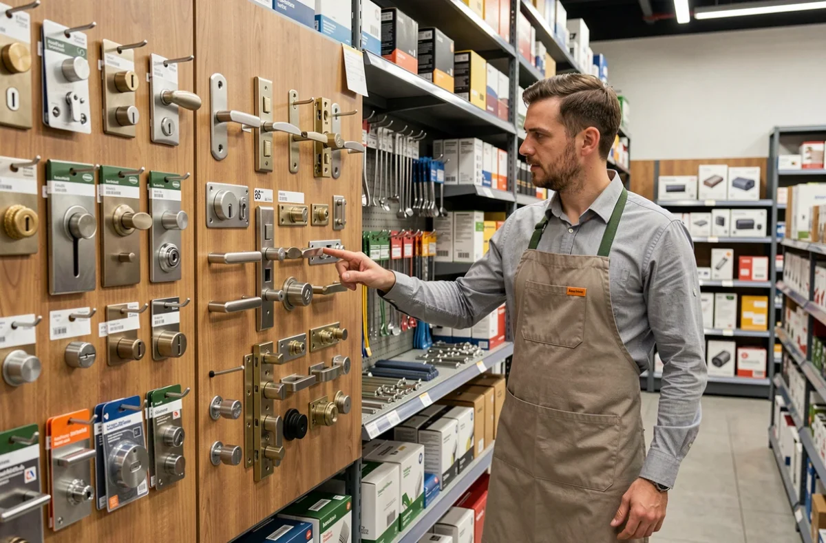Rayon serrurerie et quincaillerie du magasin Au Forum Du Bâtiment à Bourges, avec un conseiller présentant des produits