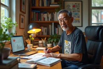 Auteur manga japonais dans son studio créatif