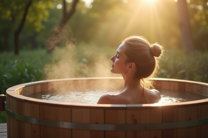 Femme relaxant dans un bain nordique en plein air