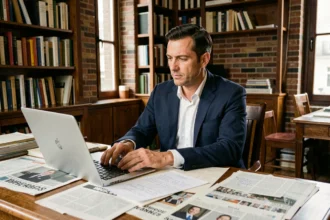 Homme en blazer marine étudiant des documents dans un bureau éditorial parisien, illustrant une enquête sur la carrière et les rumeurs de Benoît Petitjean
