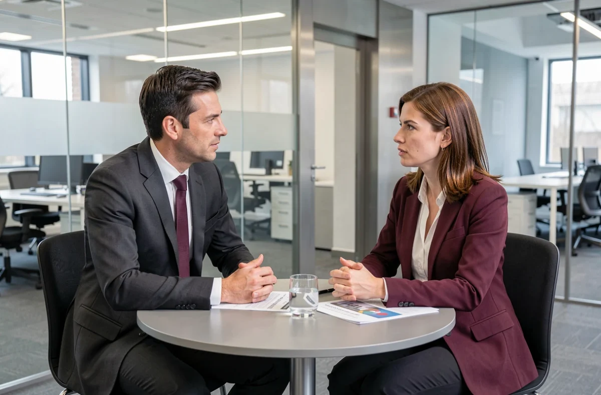 Deux professionnels en discussion dans une salle de réunion moderne, illustrant les relations professionnelles et la carrière de Benoît Petitjean