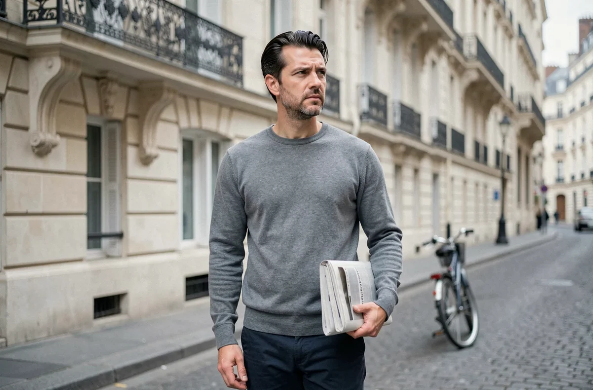 Homme en pull gris devant un immeuble haussmannien parisien tenant un journal, évoquant la vie publique et les rumeurs autour de Benoît Petitjean