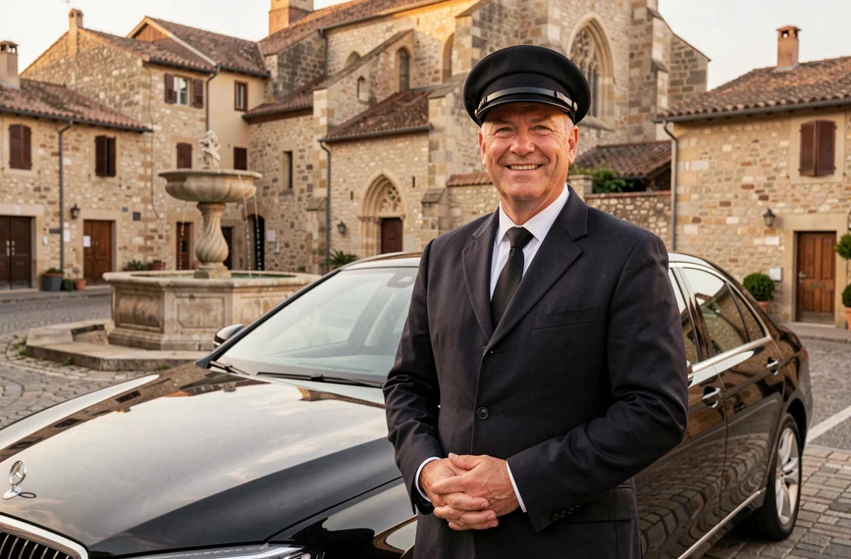Bertrand VTC Bartollino en casquette et veste noire dans une place de village bourguignon avec fontaine en pierre