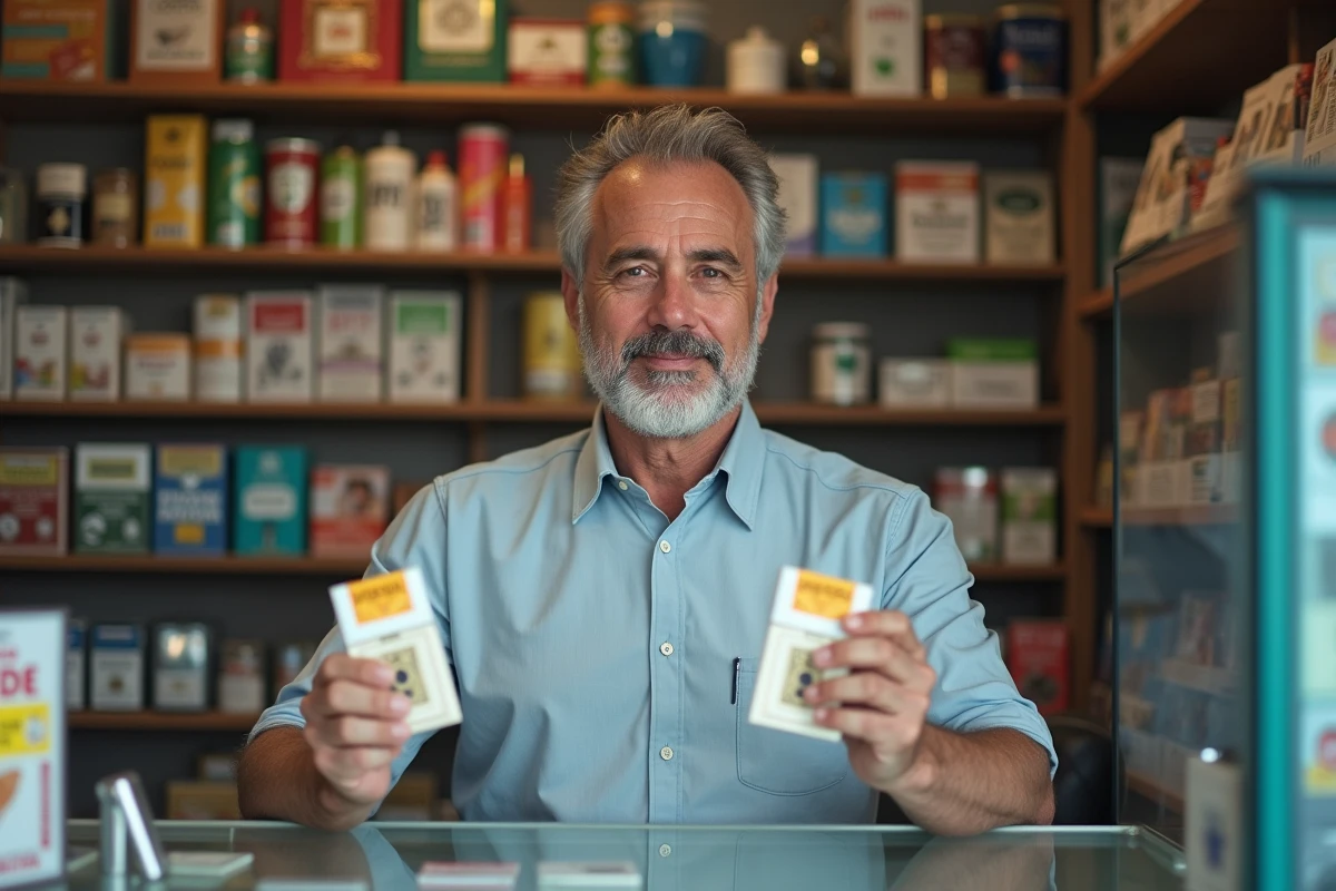 Buraliste français comparant deux cartouches de cigarettes de marques différentes dans son tabac