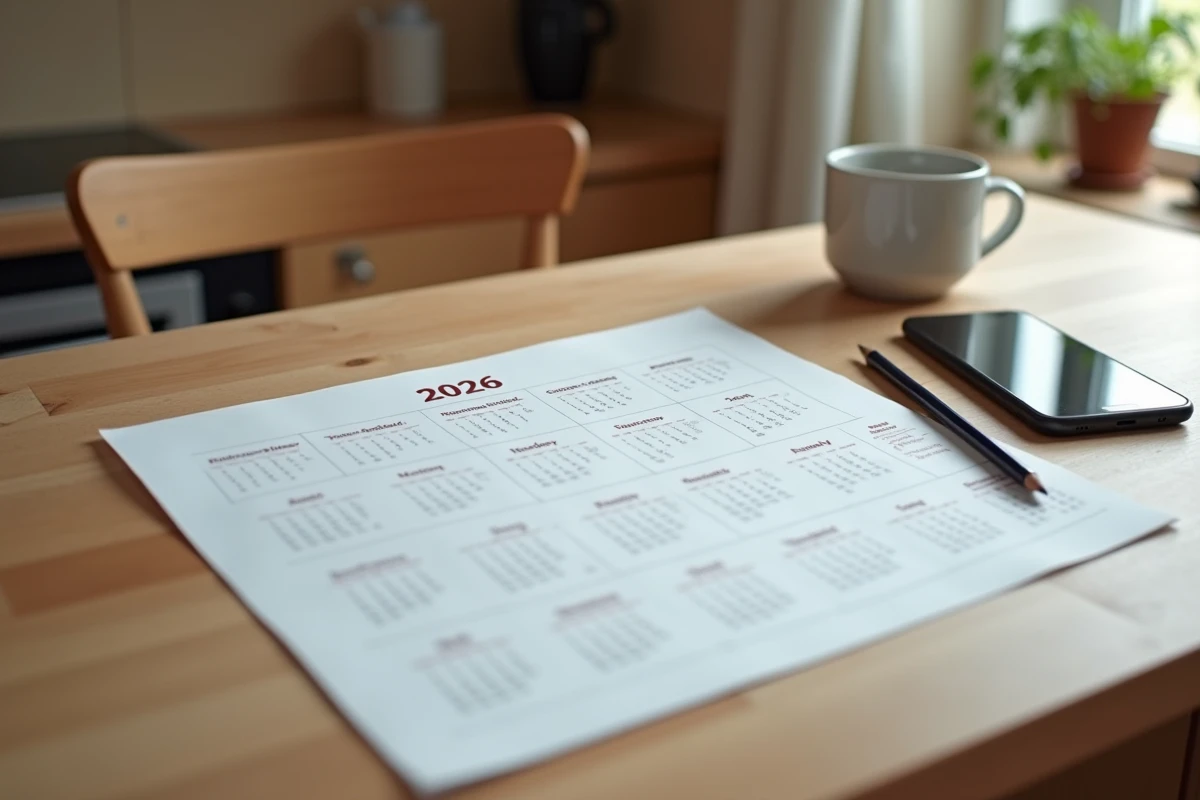 Calendrier 2026 imprimé à plat sur une table en bois avec smartphone et café pour planification des jours fériés