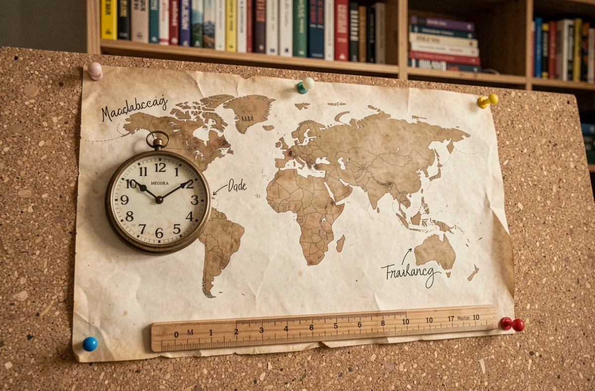 Carte du monde ancienne avec deux horloges vintage positionnées sur Madagascar et Paris illustrant la différence de fuseau horaire selon les saisons