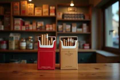 Deux cartouches de cigarettes côte à côte sur un comptoir de tabac avec étiquettes de prix en 2026