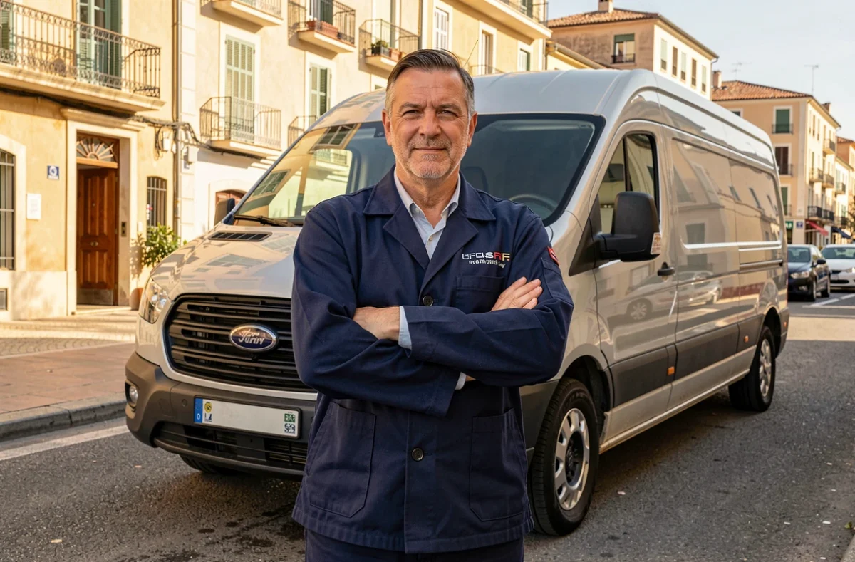 Plombier CCR posant devant son véhicule d'intervention dans les rues de Montpellier
