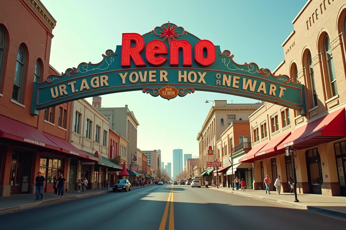 Vue panoramique du centre-ville de Reno au Nevada avec l'arche emblématique et ses néons vintage, illustrant la ville américaine en 4 lettres