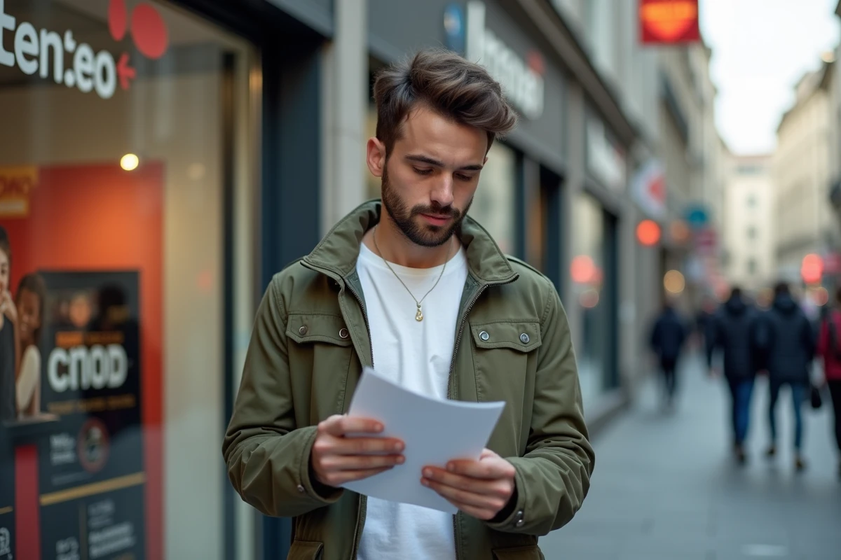 Jeune homme devant une boutique d'opérateur téléphonique avec des documents pour changer de forfait