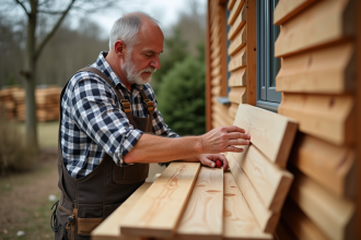 Charpentier mesurant des planches de bois pour façade extérieure