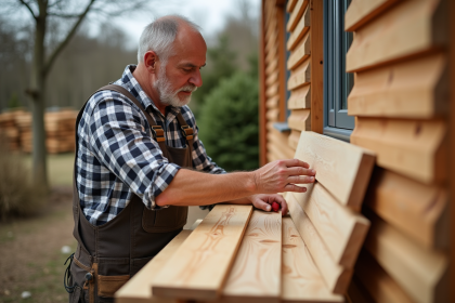 Charpentier mesurant des planches de bois pour façade extérieure
