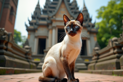 Chat siamois aux yeux bleus devant un temple ancien en Thaïlande