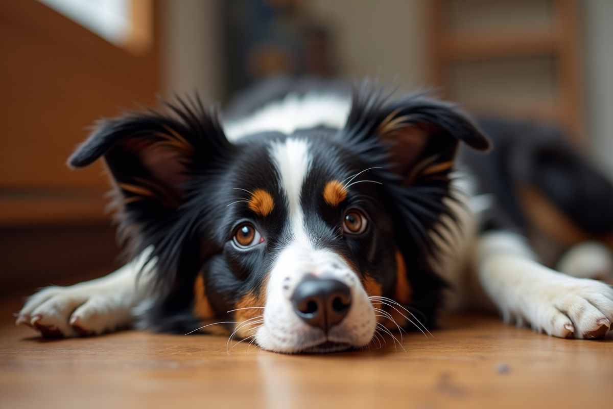 Chien croise border collie et australian shepherd allongé à l