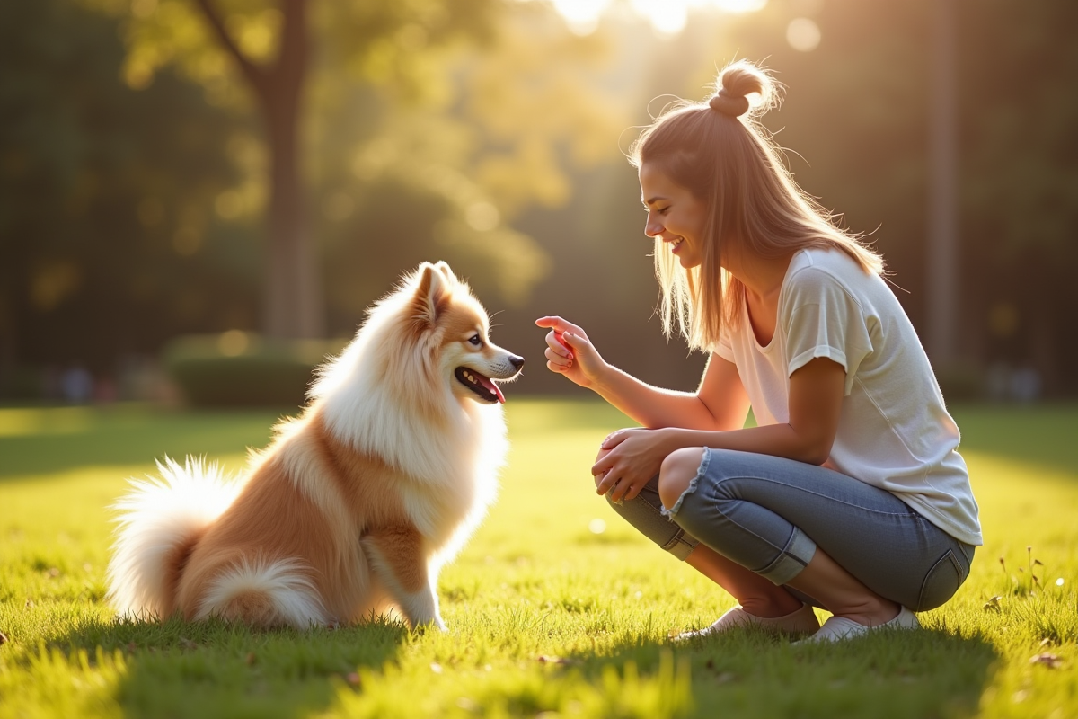 Chien Spitz assis sur l'herbe en plein soleil avec une femme