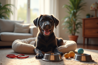 Chiot cane corso dans un salon cosy avec jouets et accessoires