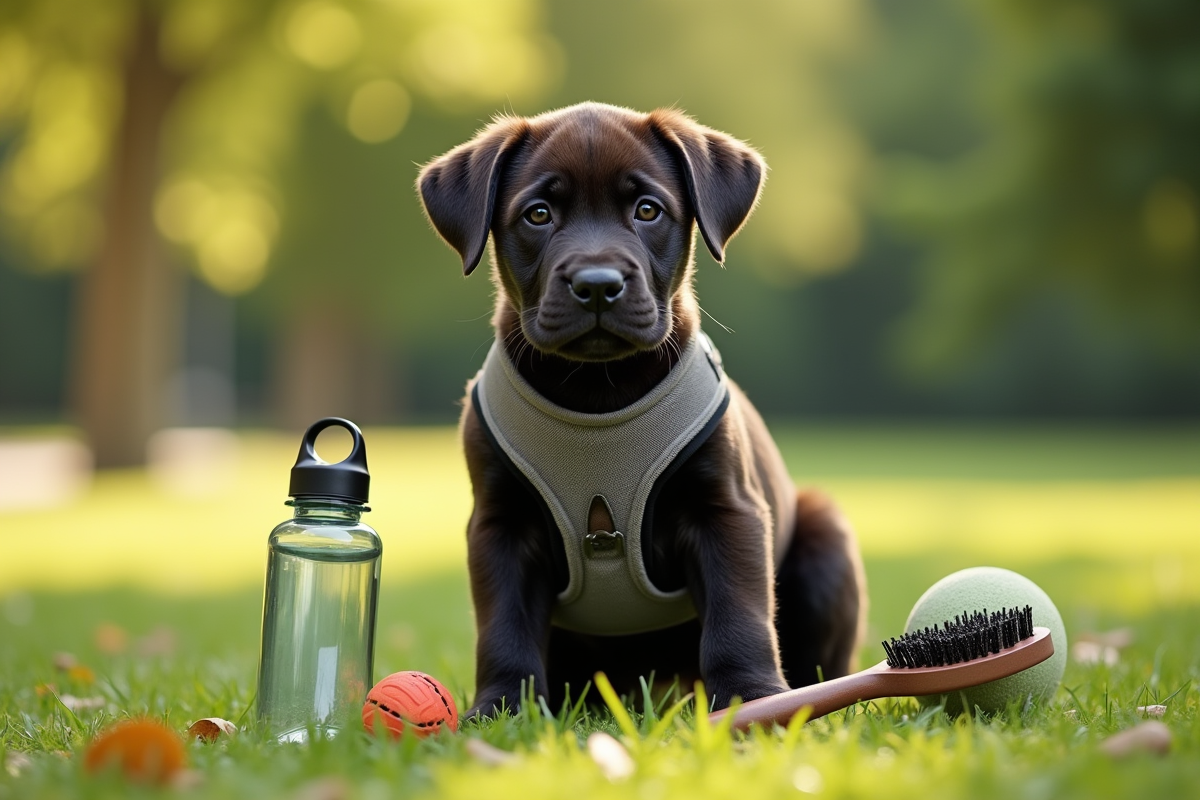 Chiot cane corso en extérieur dans un parc vert avec accessoires