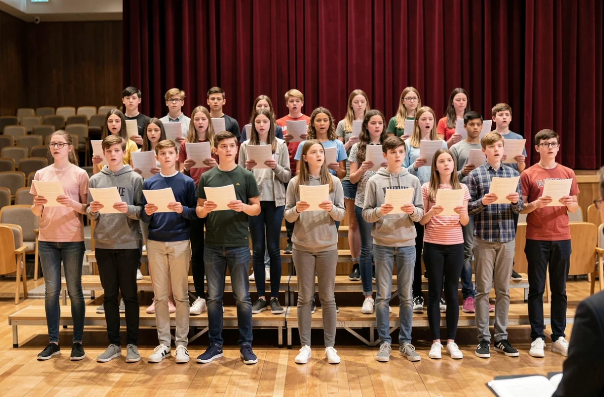 Chorale de lycéens apprenant les paroles de La Strasbourgeoise sur scène dans un centre culturel