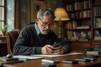 Collectionneur homme examine un téléphone vintage dans son bureau