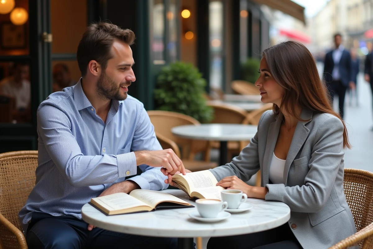 Deux collègues révisant une règle de conjugaison française avec un livre de grammaire dans un café parisien