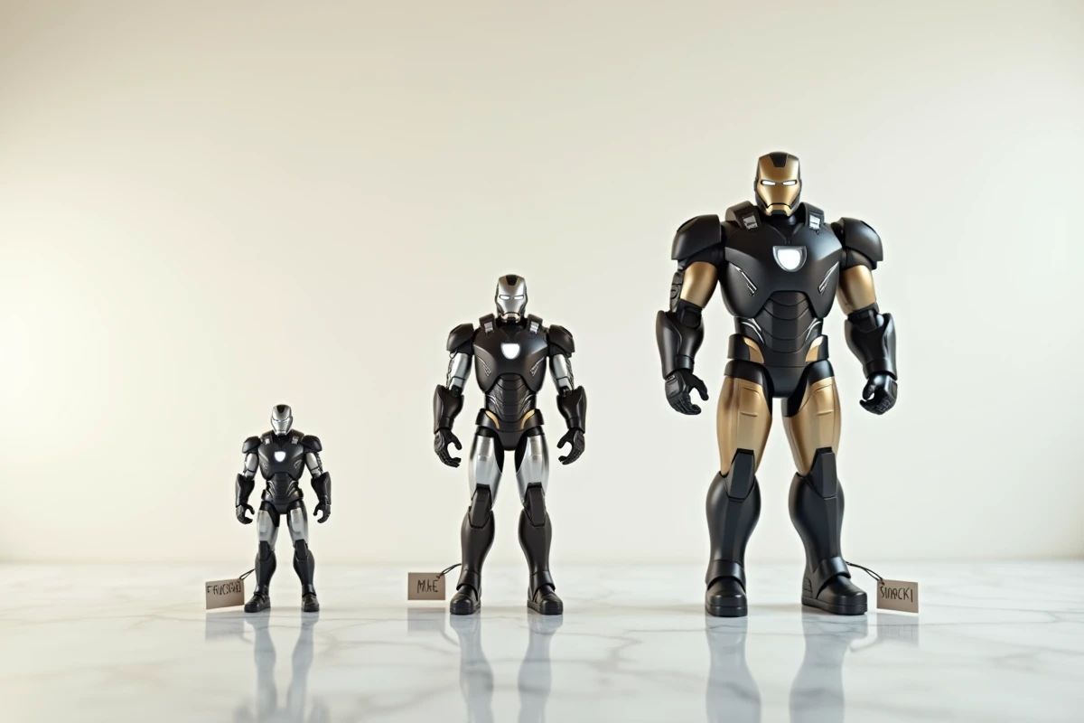 Comparaison à plat de trois niveaux de figurines Iron Man, de la figurine PVC basique à la statue premium en résine, sur fond marbre blanc