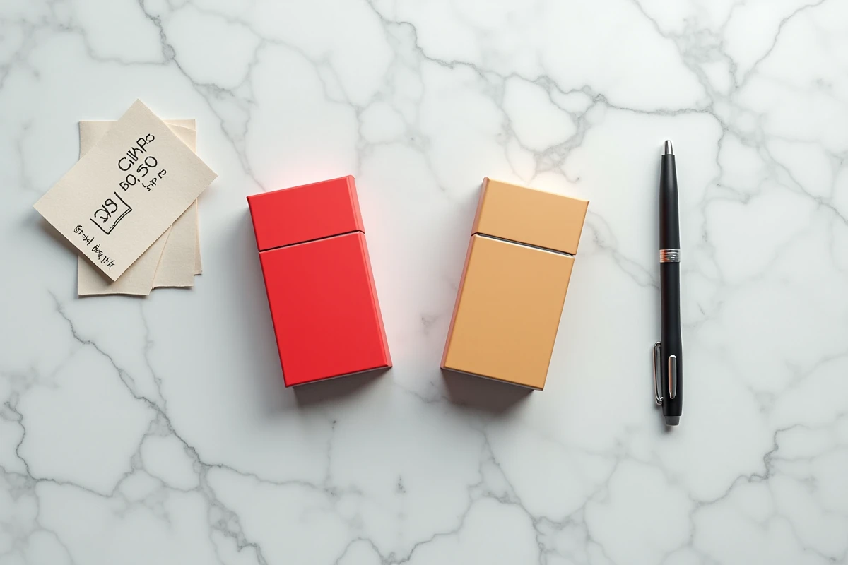 Vue de dessus de deux cartouches de cigarettes sur marbre avec notes de comparaison de prix manuscrites