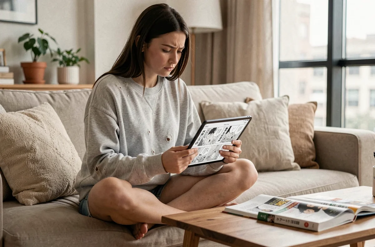 Jeune femme comparant des scans de Demon Slayer en japonais et en français sur une tablette dans un salon cosy