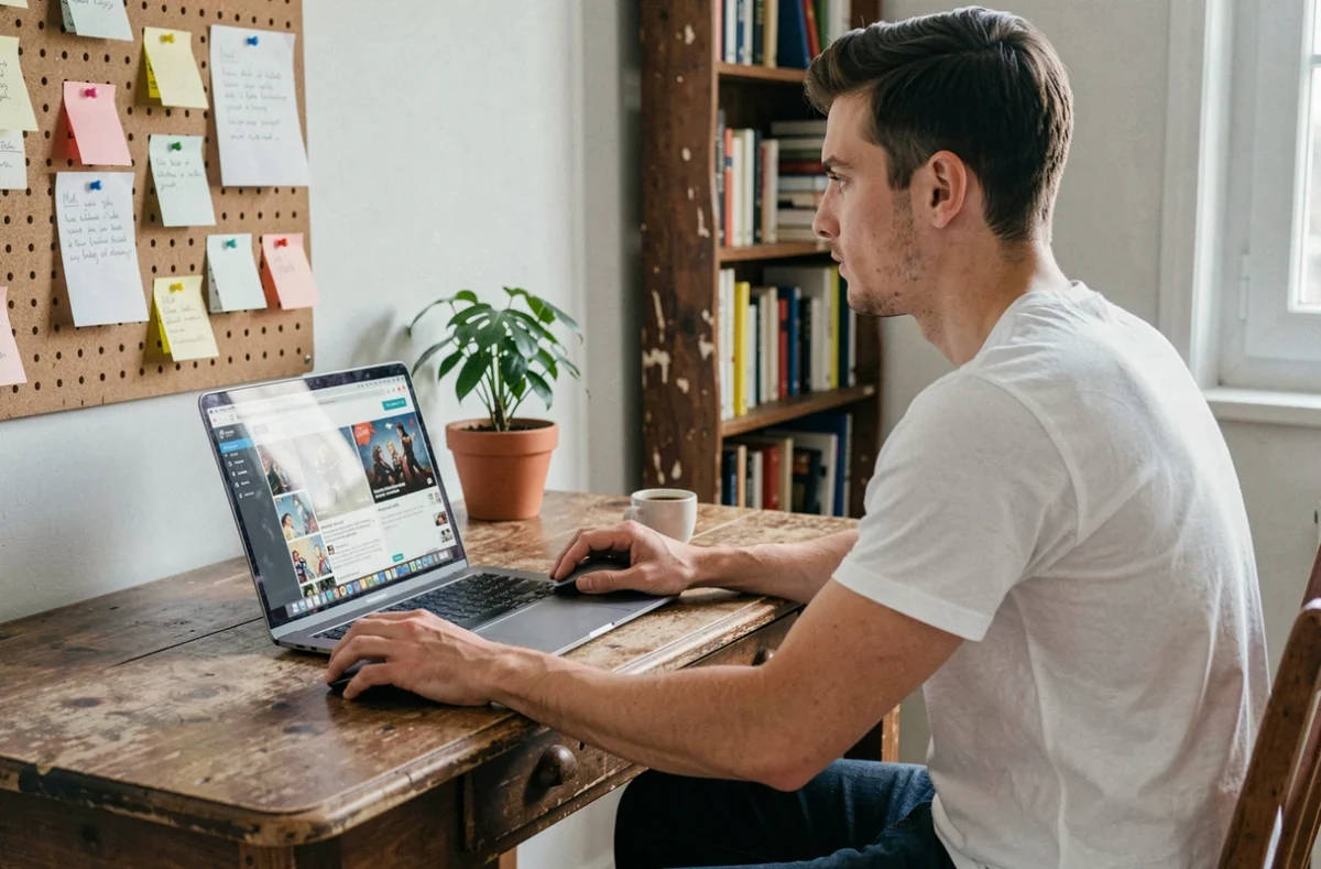 Jeune homme comparant des plateformes de lecture webtoon Just Friends sur ordinateur dans un bureau à domicile