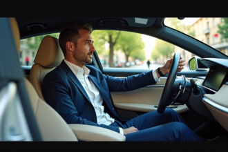 Homme en costume dans une voiture autonome moderne