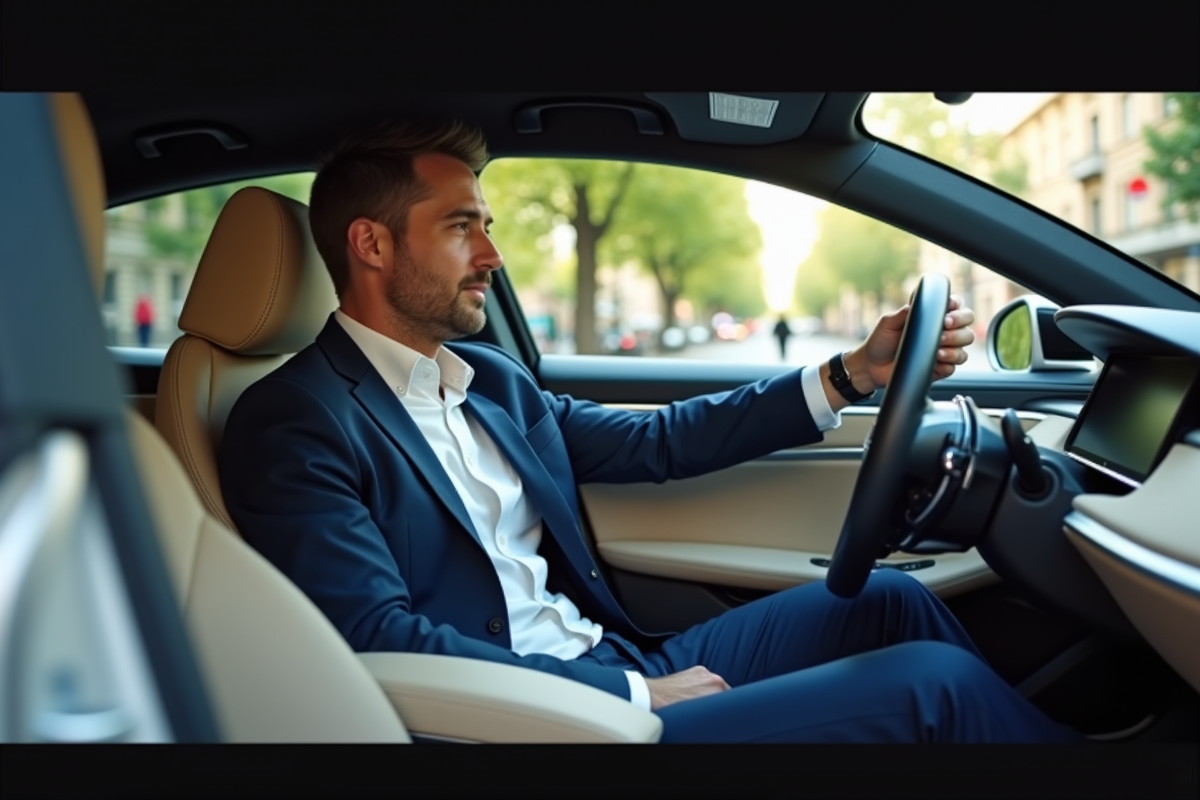 Homme en costume dans une voiture autonome moderne